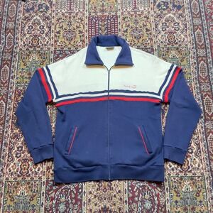 VTG 70s Track & Court Striped Tennis Jacket Navy Cream Red Embroidered Size L